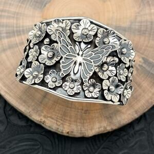 THE BOYZ SILVER Mexico Sterling Silver Cuff Bracelet Lg 3-D Butterfly & Flowers